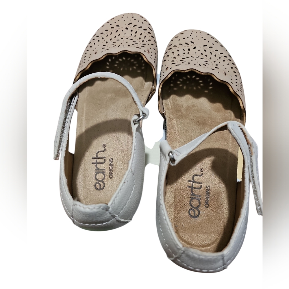 Earth Origins Laser-Cut Ankle-Strap Flats in White and Tan - Picture 2 of 10